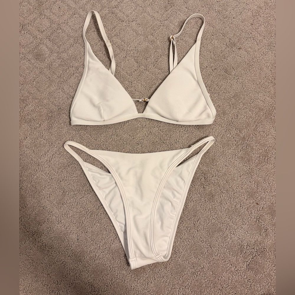 L Space Ribbed Triangle White Bikini. Bottoms are Bitsy Cut.